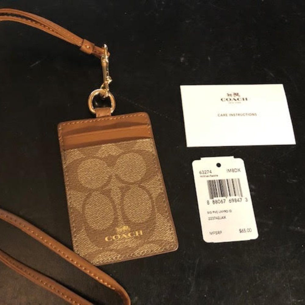 COACH Signature Lanyard ID Card Khaki/Saddle